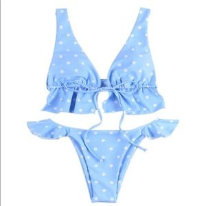 Blue and white polka dot bikini